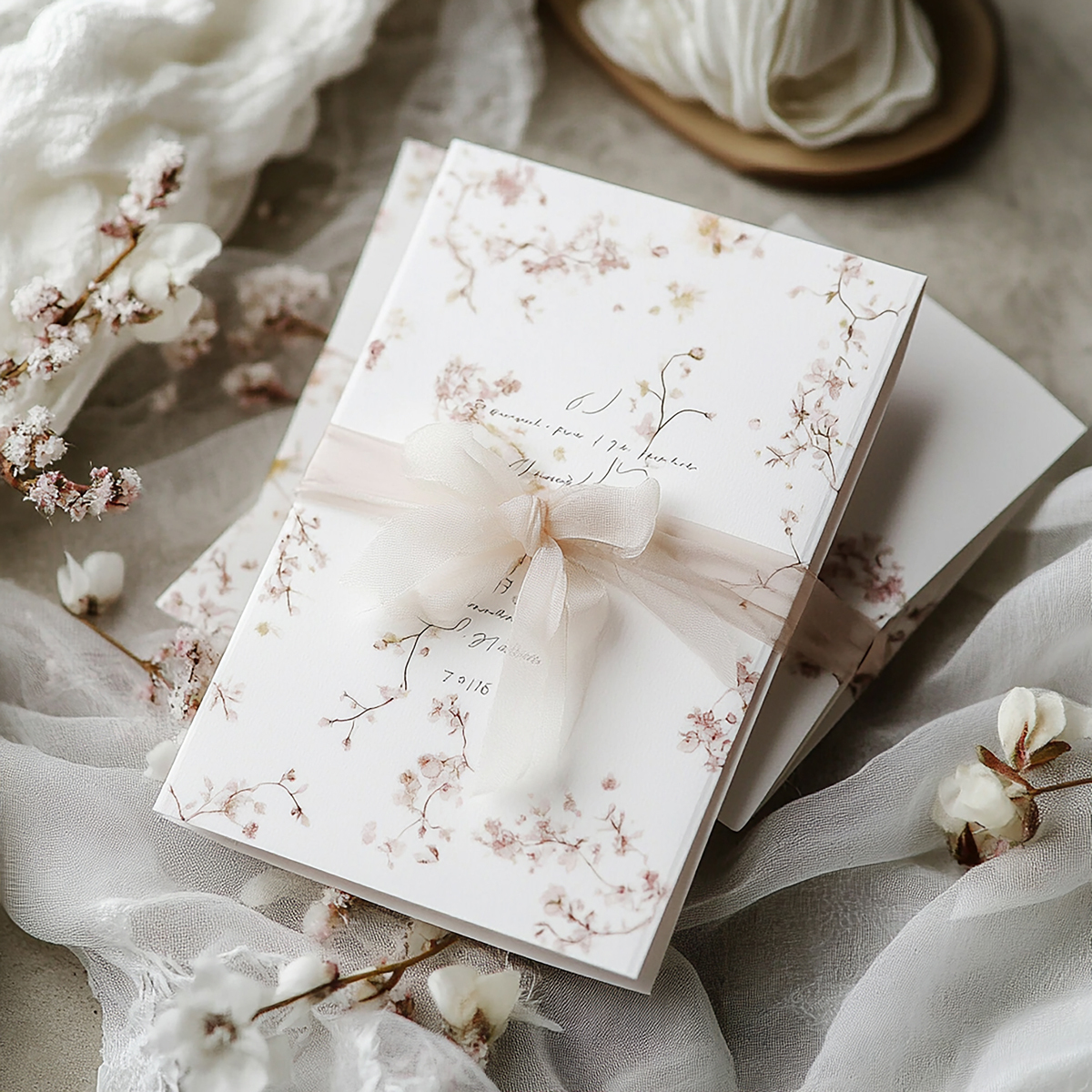 Wedding invitation tied with ribbon 