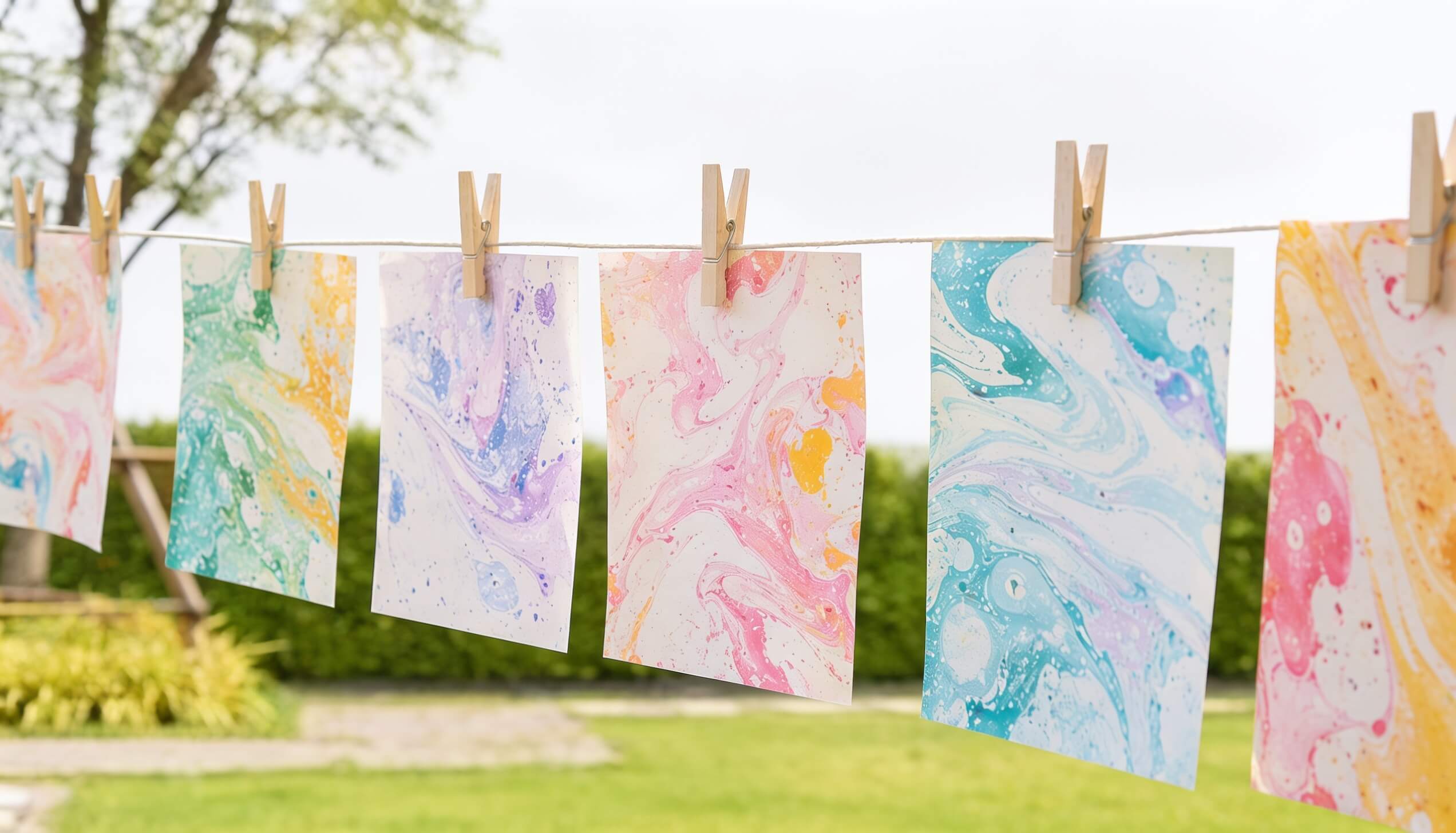 Handmade Marbeled Paper hanging on the washing line