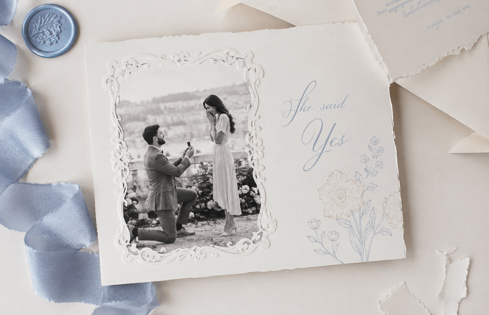 Handmade photo wedding card with ornate paper frame